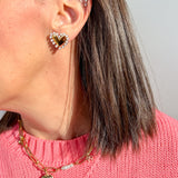 Person wearing heart-shaped earrings and a pink sweater with a necklace.