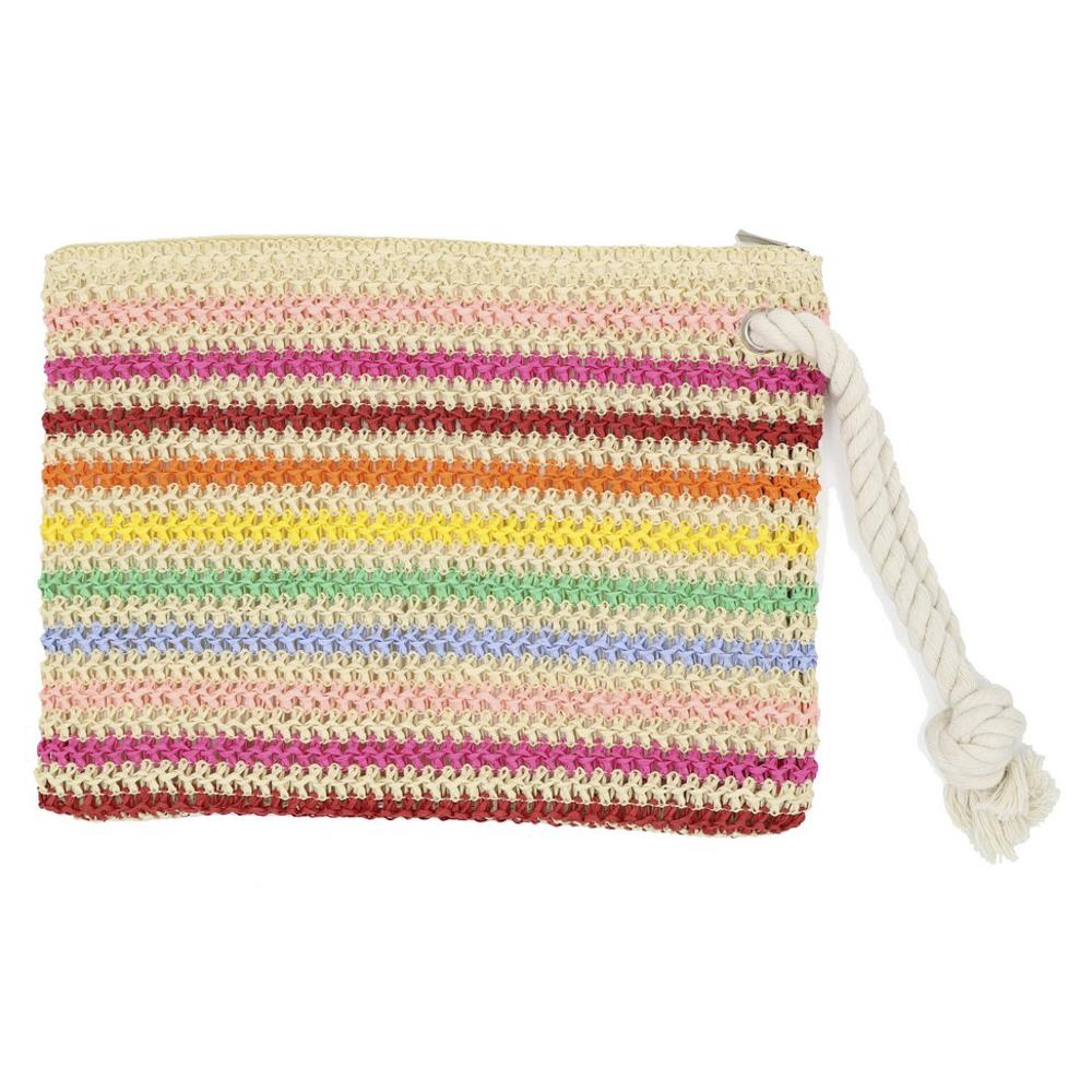 Photo of a crochet straw striped pouch bag with zippered closure