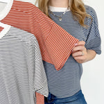 White and black striped tee with ringer neckline. Short sleeve. Oversized fit.