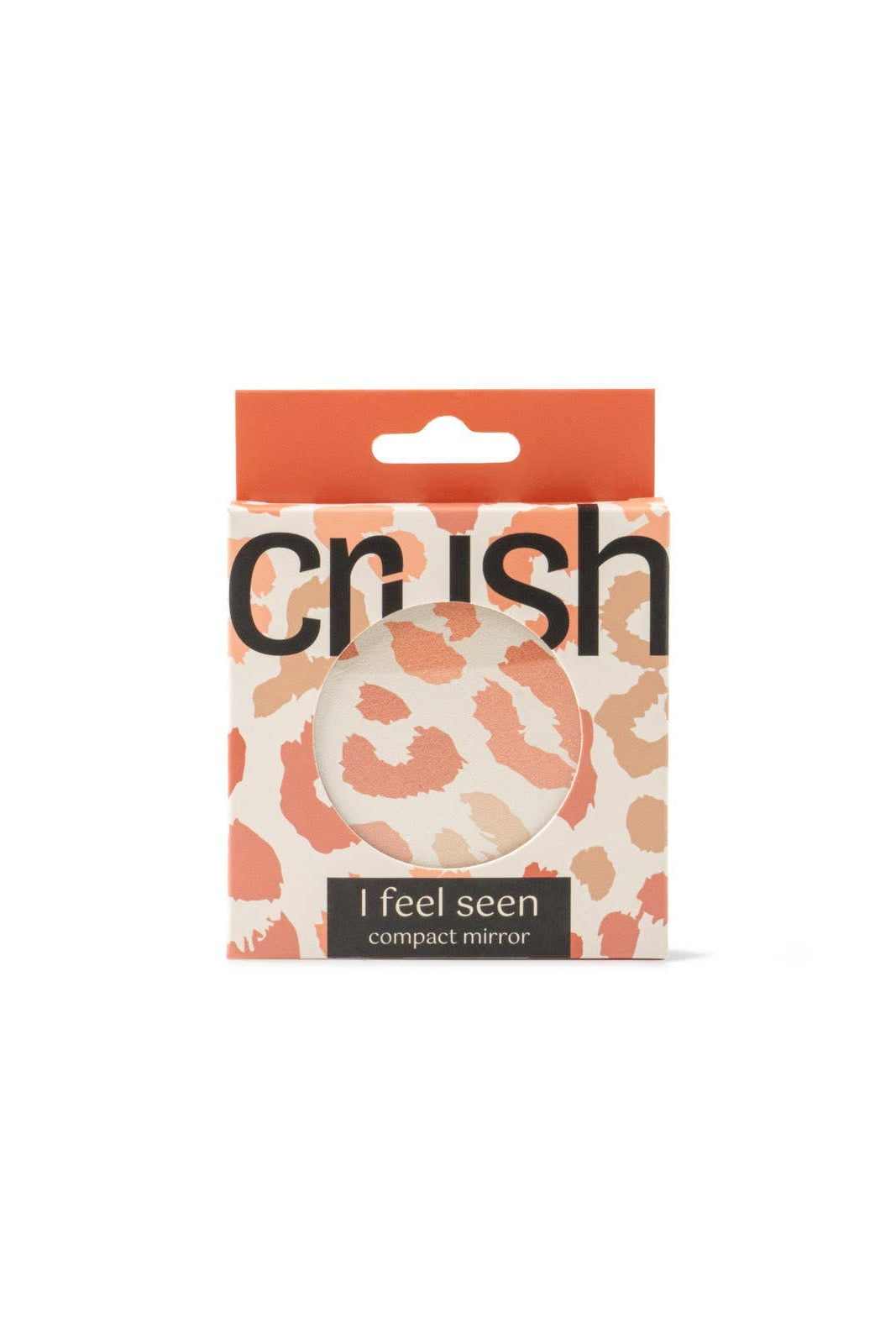 Packaged compact mirror with 'crush' branding on a white background