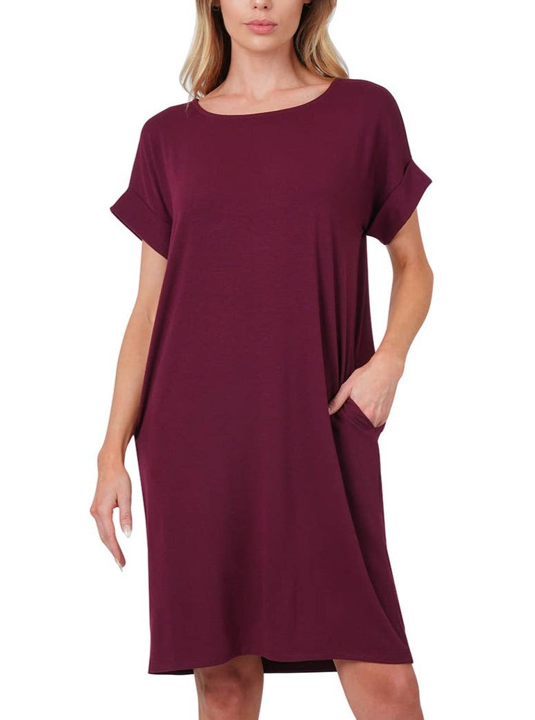 Rolled Short Sleeve Round Neck Dress