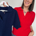 Collared red v neck short sleeve sweater. Knitted look. Regular fit.