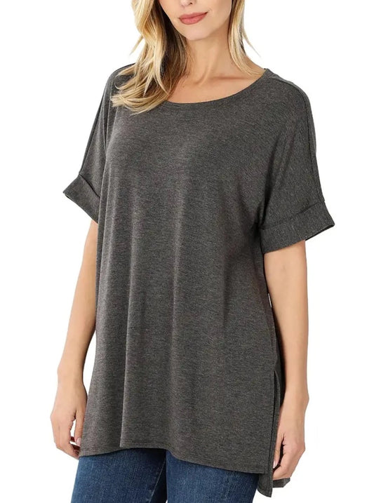 Zenana Rolled Sleeve Side Slit High-low Hem Top