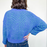 Person wearing a blue and green striped sweater against a white background