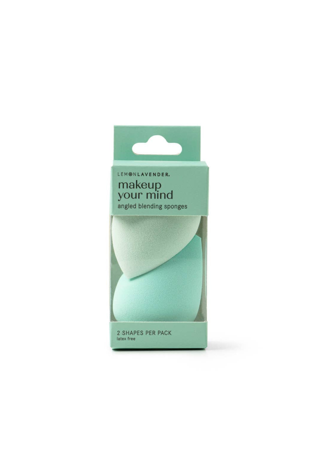 Pack of makeup blending sponges with a green box on a white background