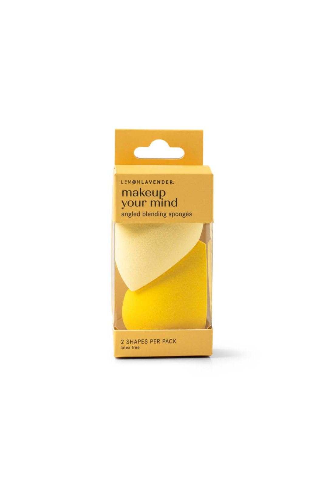 Pack of makeup sponges with a yellow box on a white background