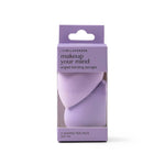Purple packaging of makeup sponges with text on a white background