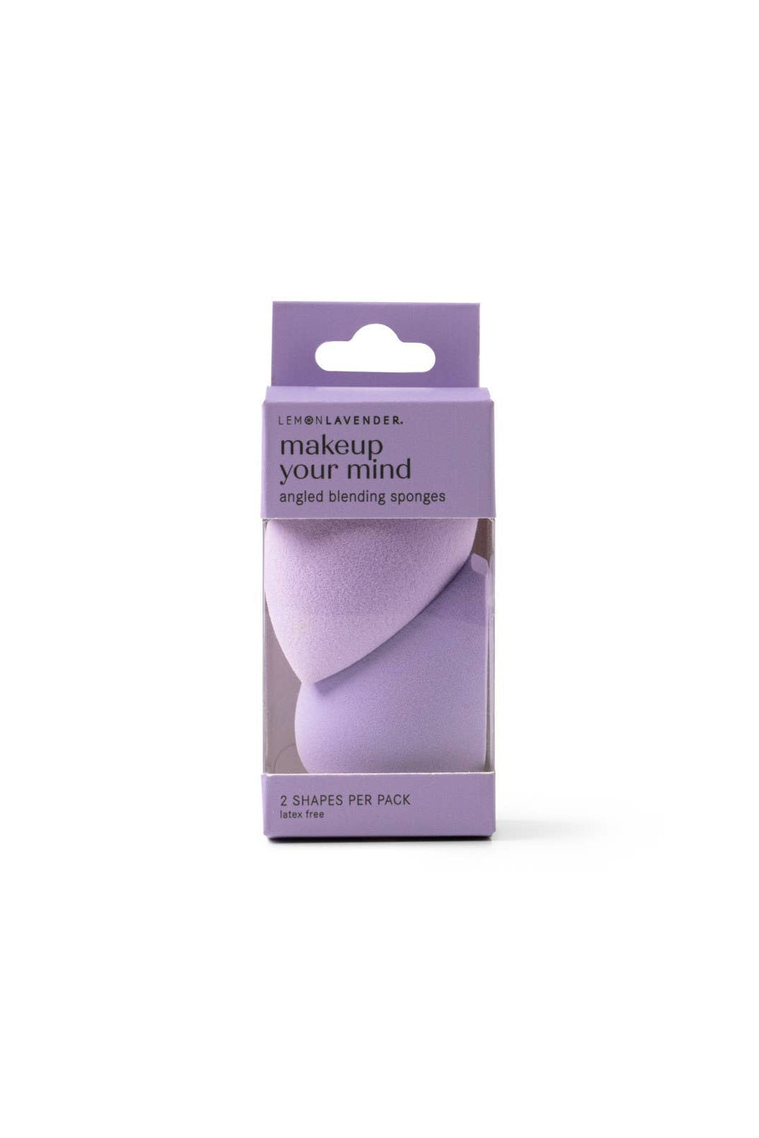 Purple packaging of makeup sponges with text on a white background