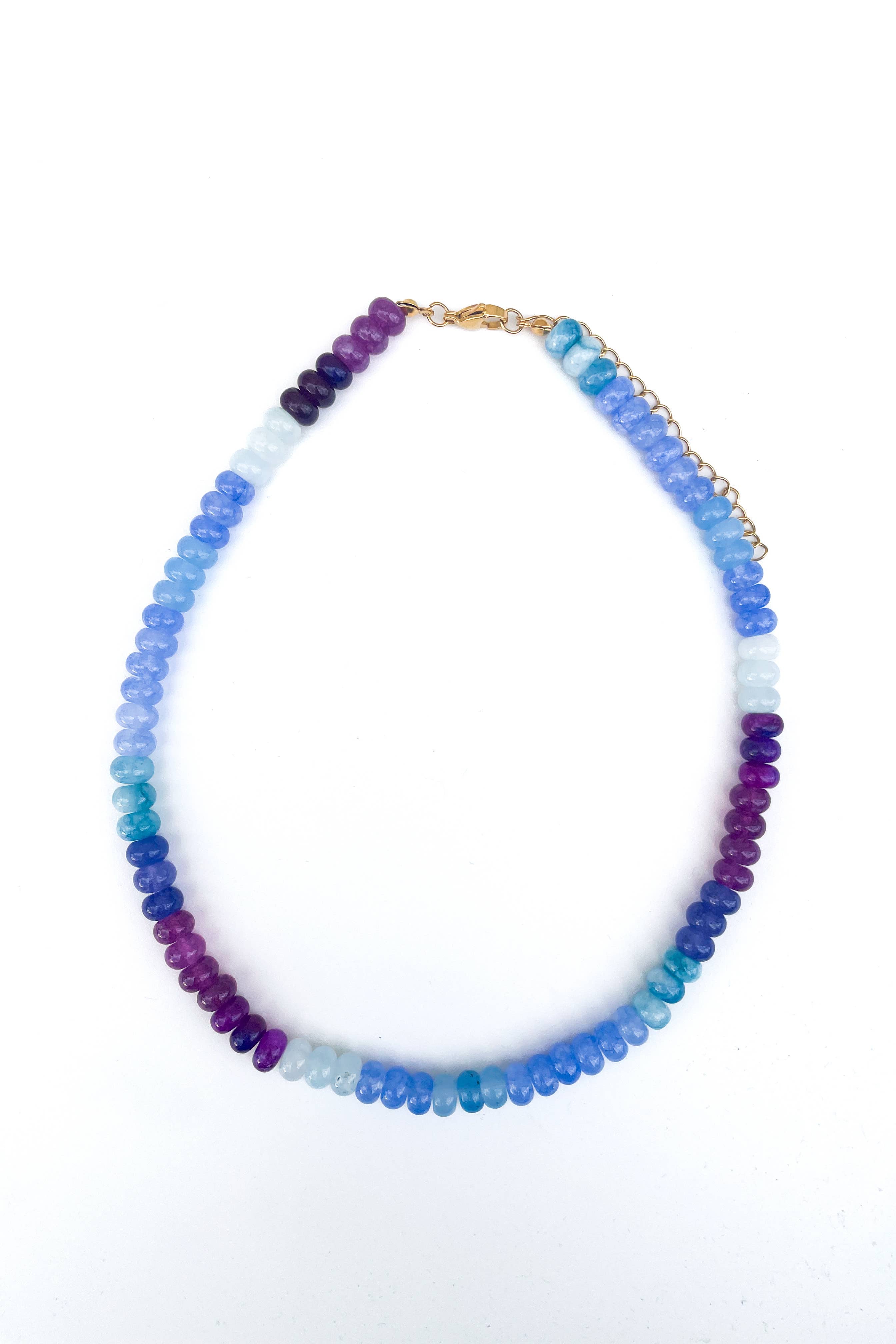 Multicolored beaded necklace on a white background