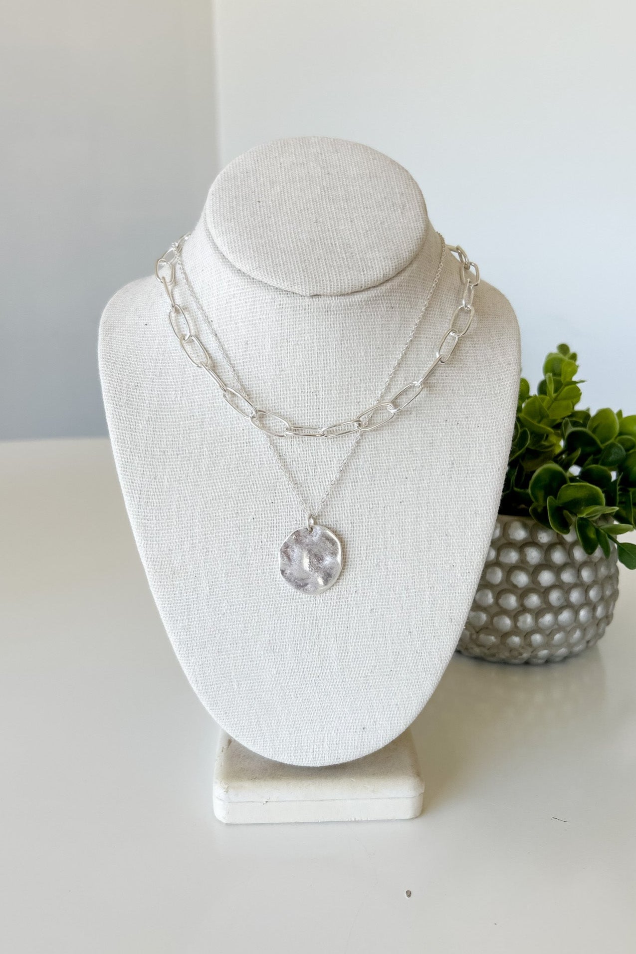Necklace on a white bust with a plant in the background