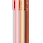 Three pens with different colored bodies and text on a white background