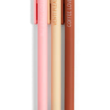 Three pens with different colored bodies and text on a white background