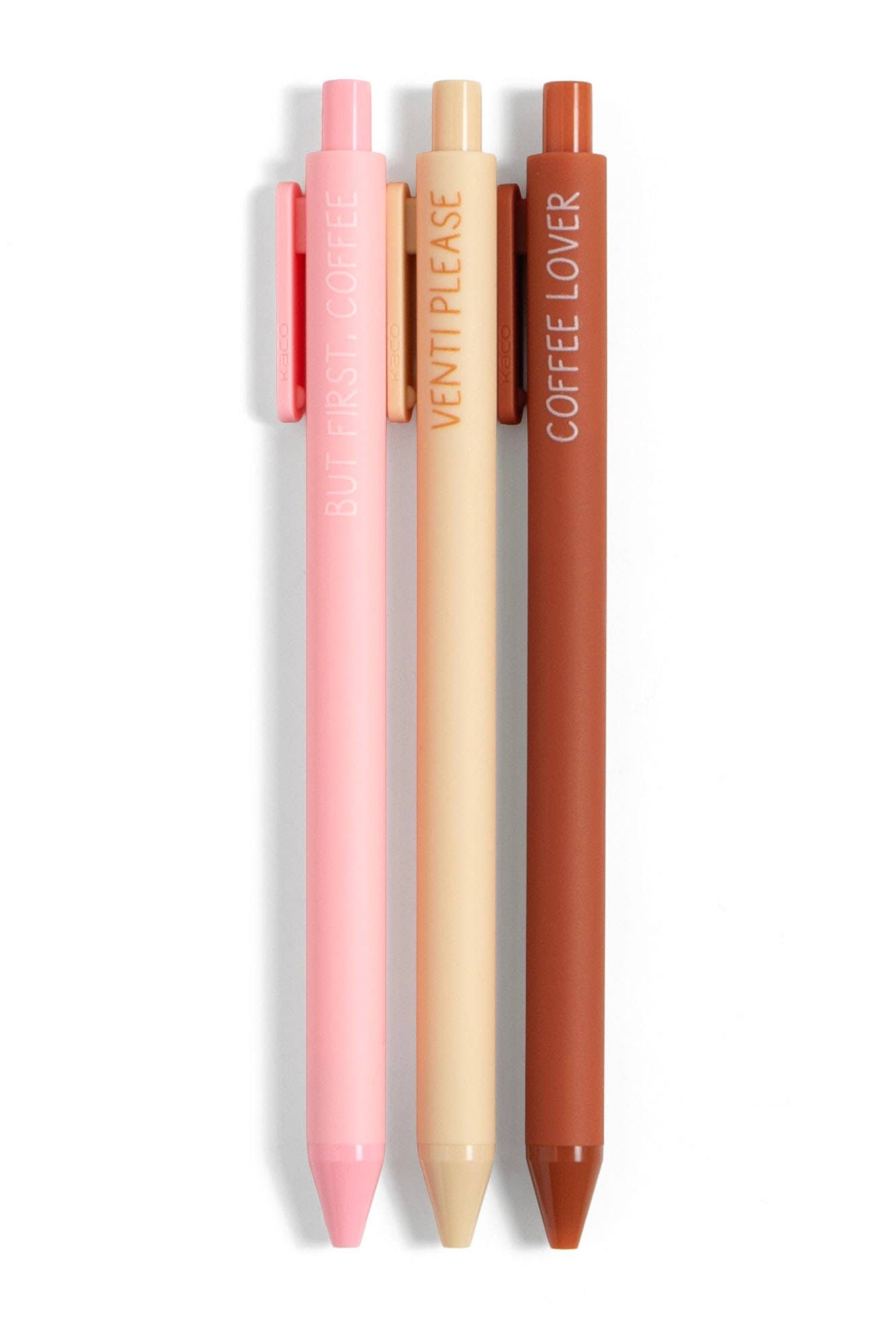 Three pens with different colored bodies and text on a white background