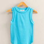 High neckline ribbed tank top. Aqua blue in color. Regular fitting tank. Casual comfortable piece.