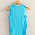 High neckline ribbed tank top. Aqua blue in color. Regular fitting tank. Casual comfortable piece.