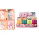 Colorful stationery set with open case and small items on a white background