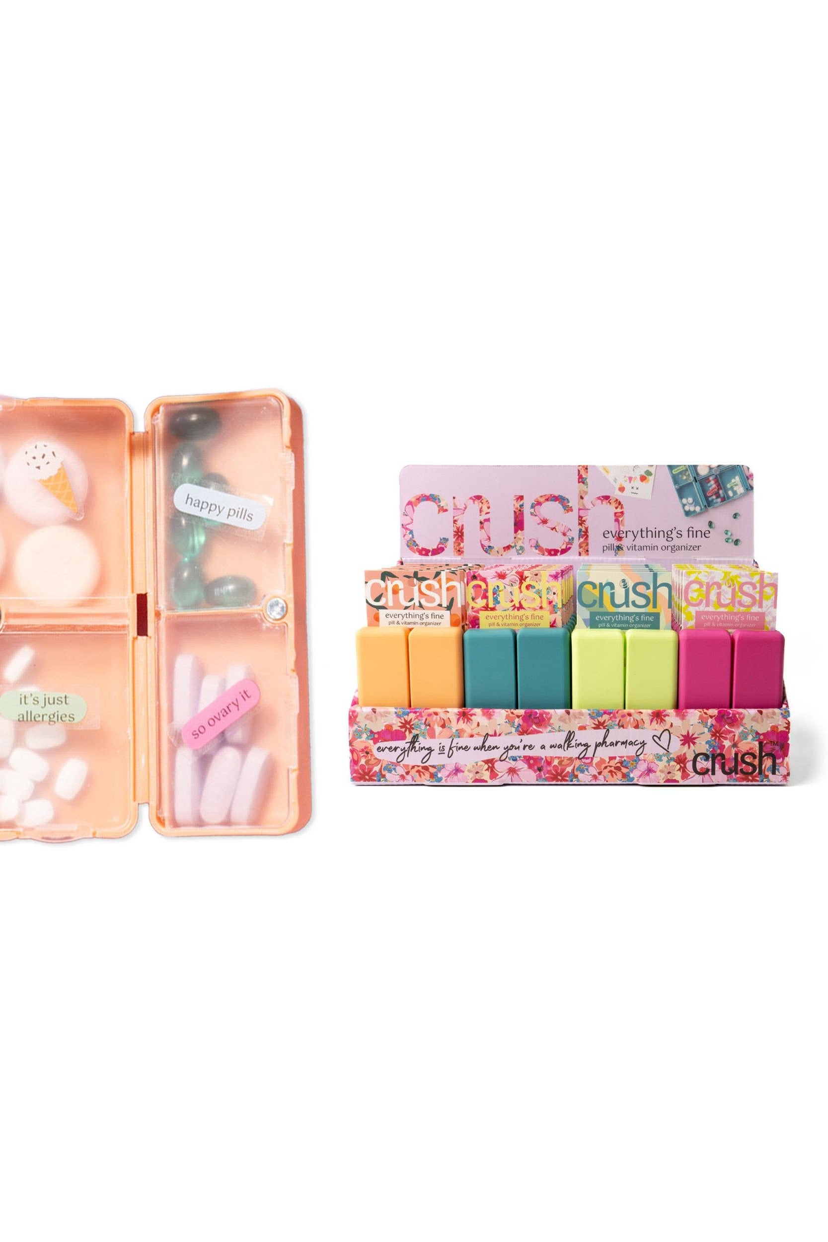 Colorful stationery set with open case and small items on a white background