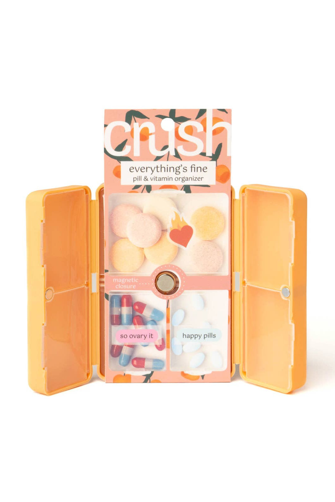Orange pill organizer with 'crush' branding on a white background
