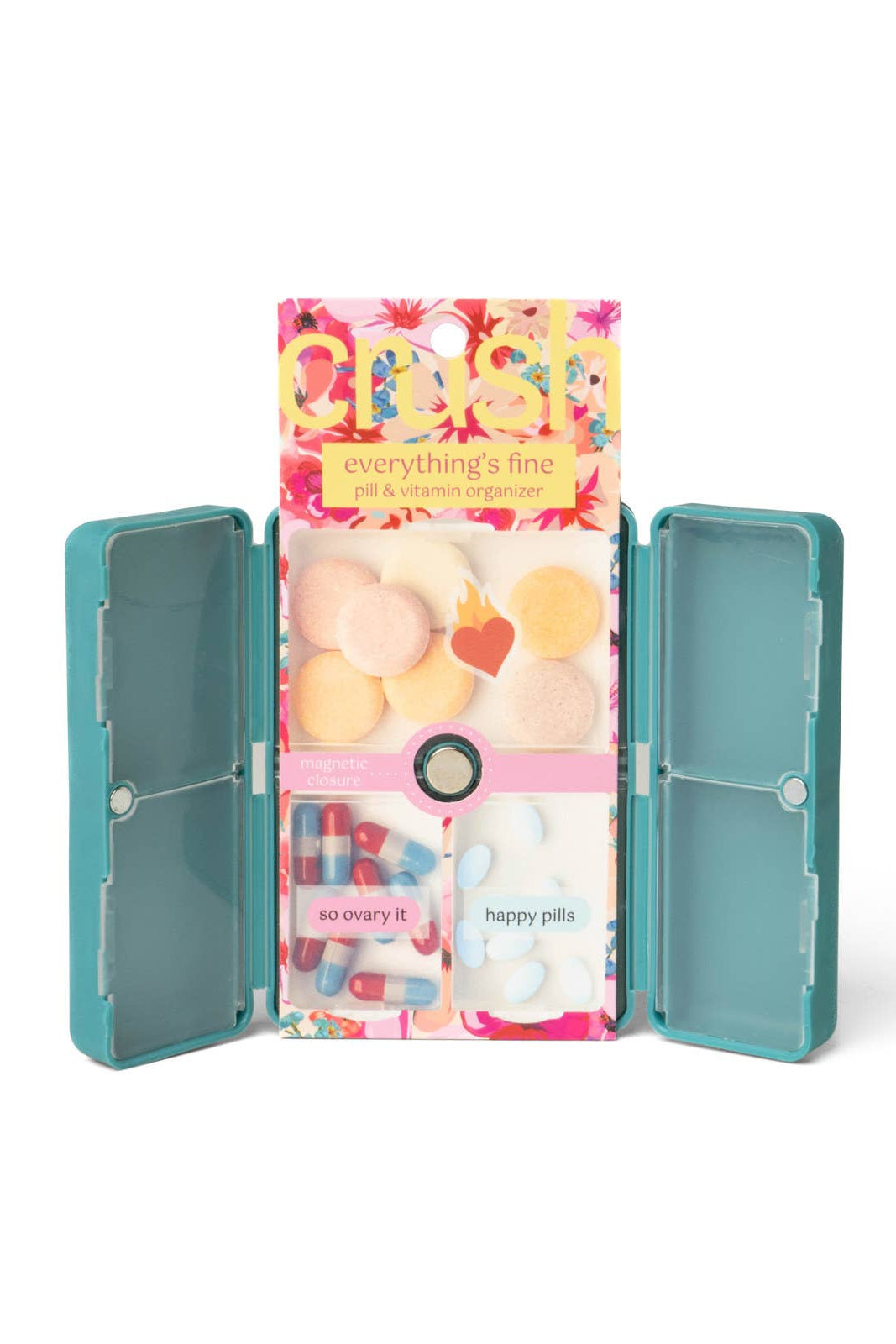 Teal pill organizer with colorful compartments on a white background