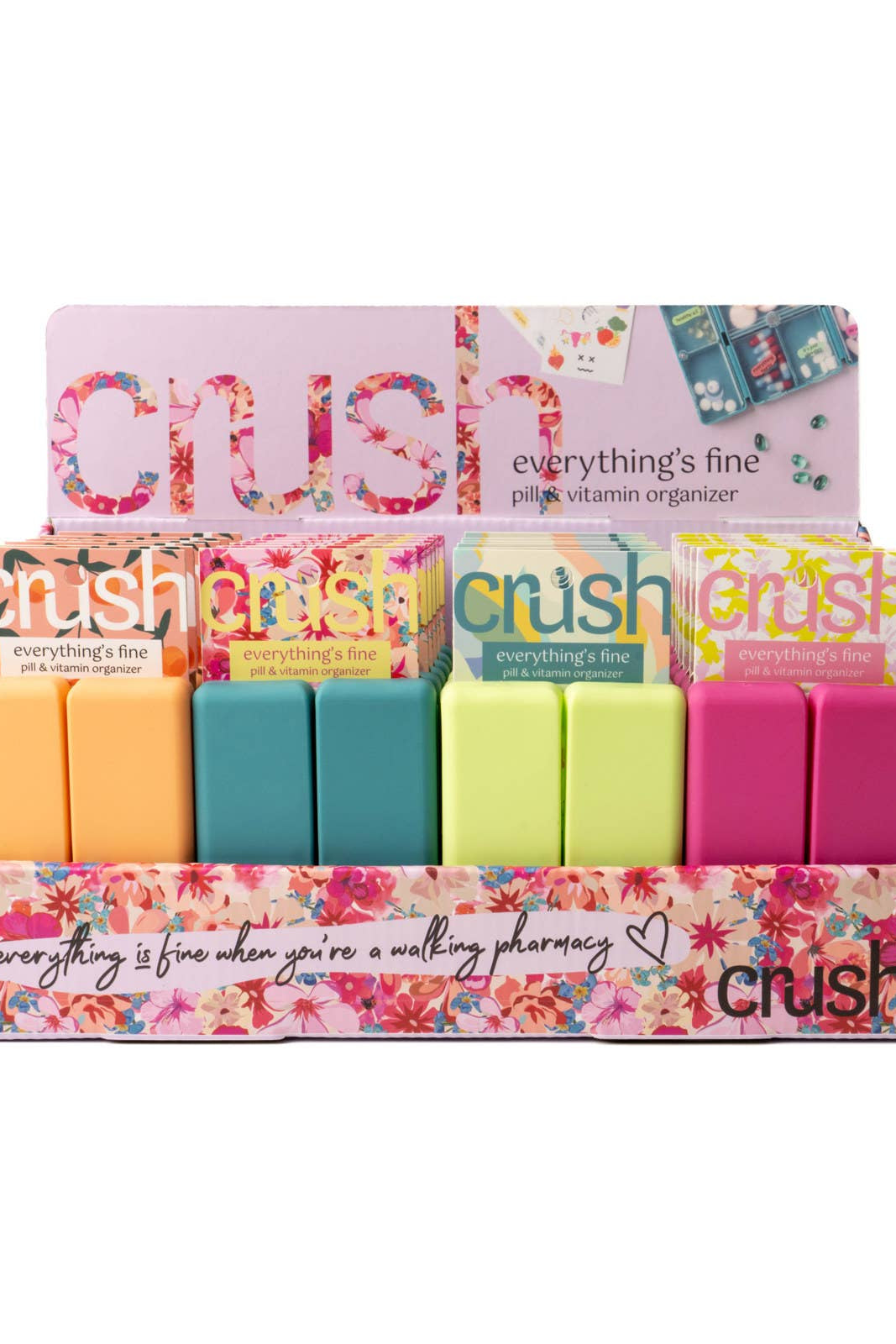 Colorful vitamin organizer with 'crush' branding on a white background