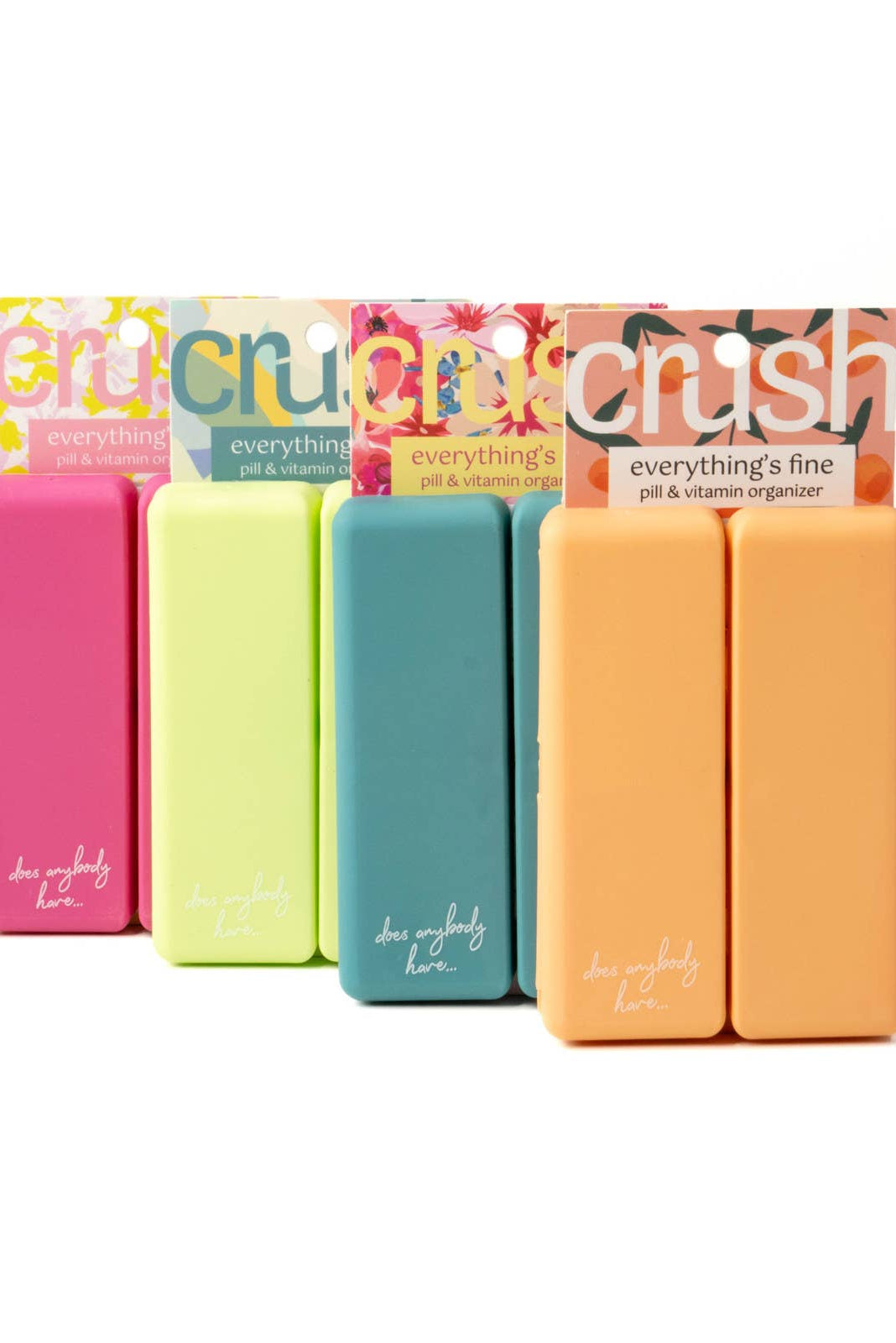 Set of colorful 'crush' organizers with visible branding on a white background