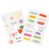 Two packages of stickers with colorful designs and text on a white background