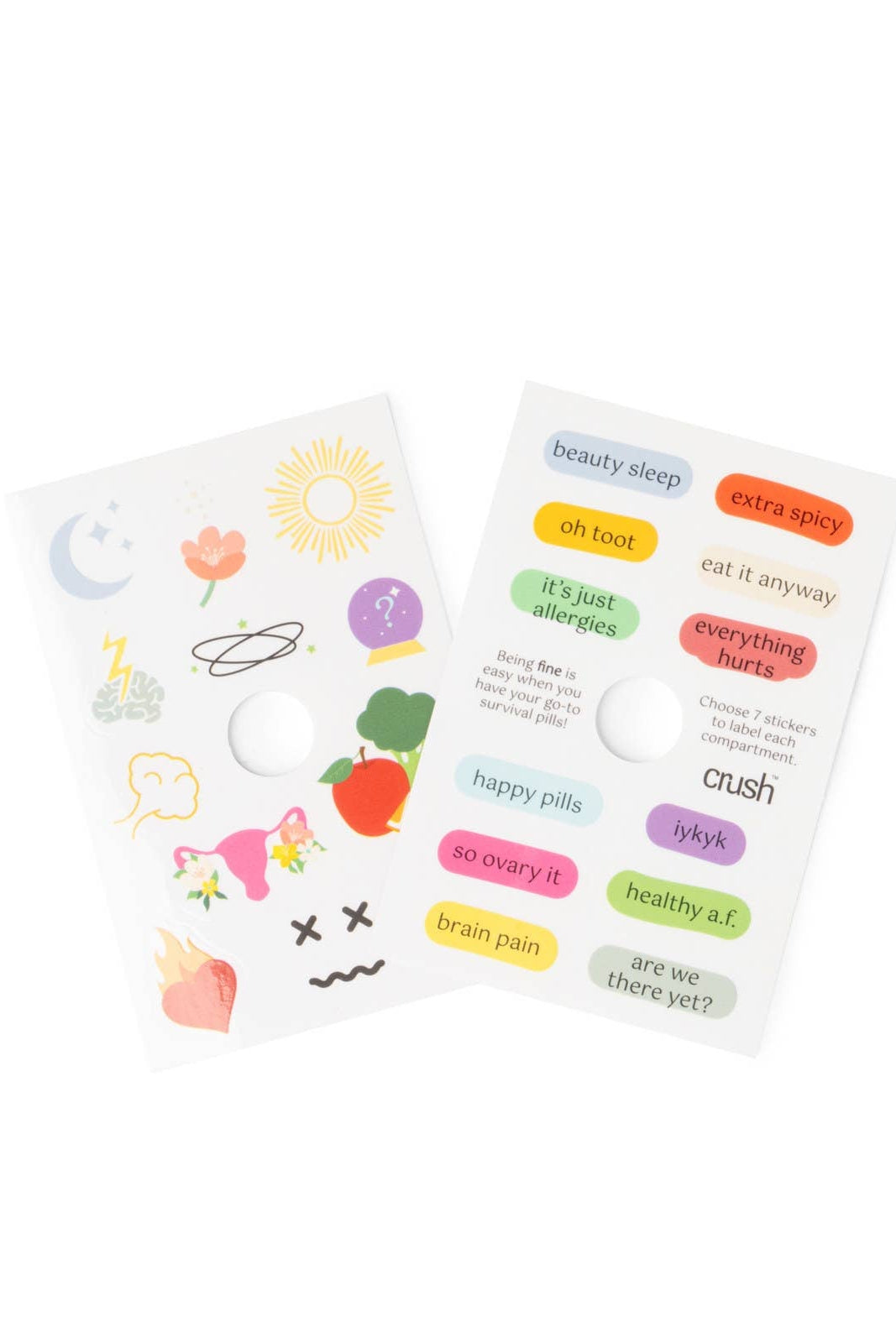 Two packages of stickers with colorful designs and text on a white background