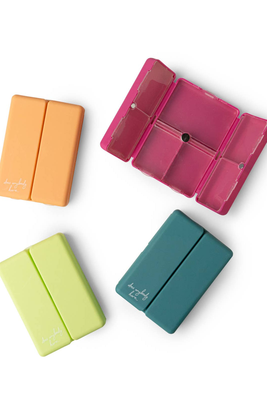 Four colorful rectangular containers on a white background