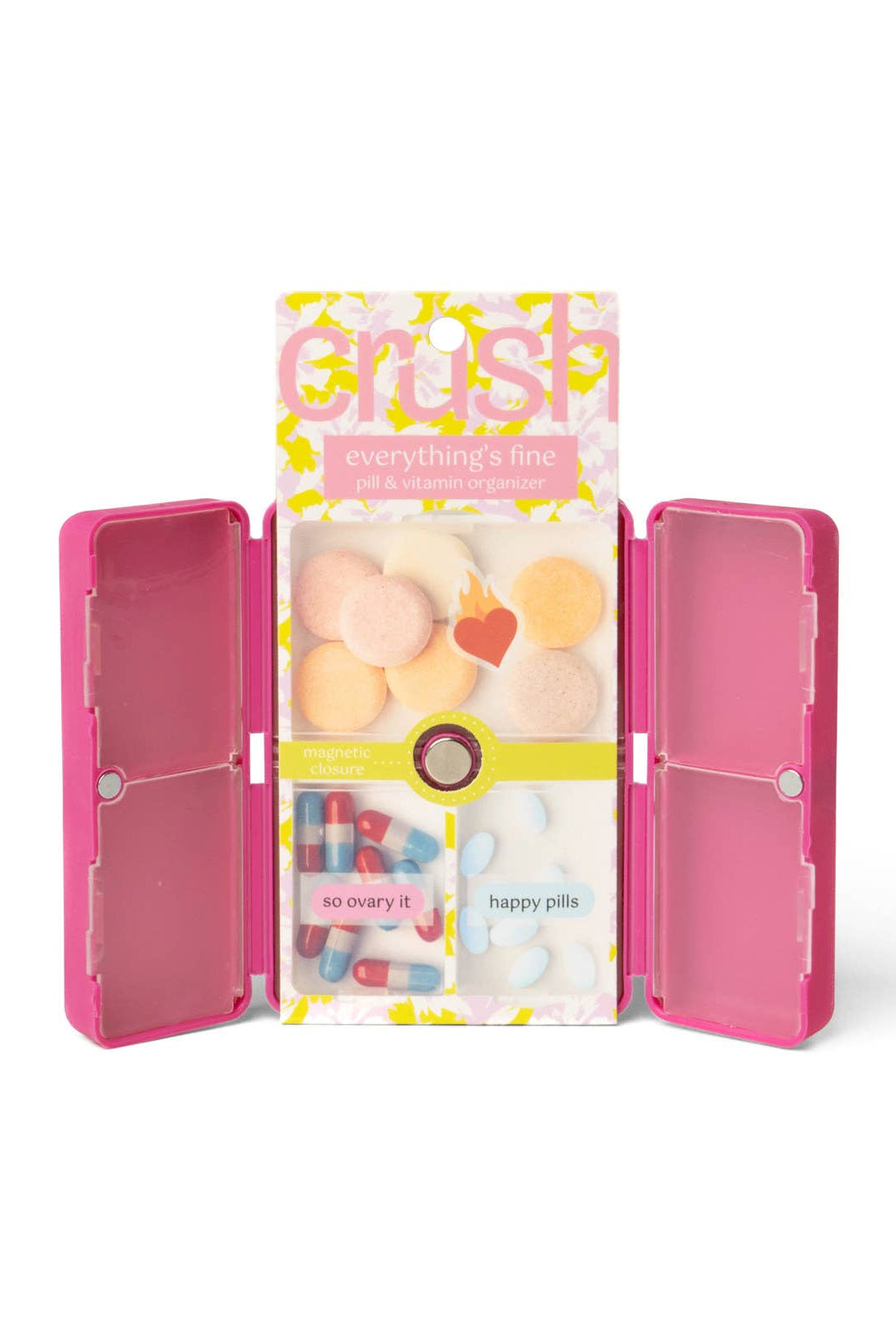 Pink makeup case with a colorful 'Grush' packaging on a white background