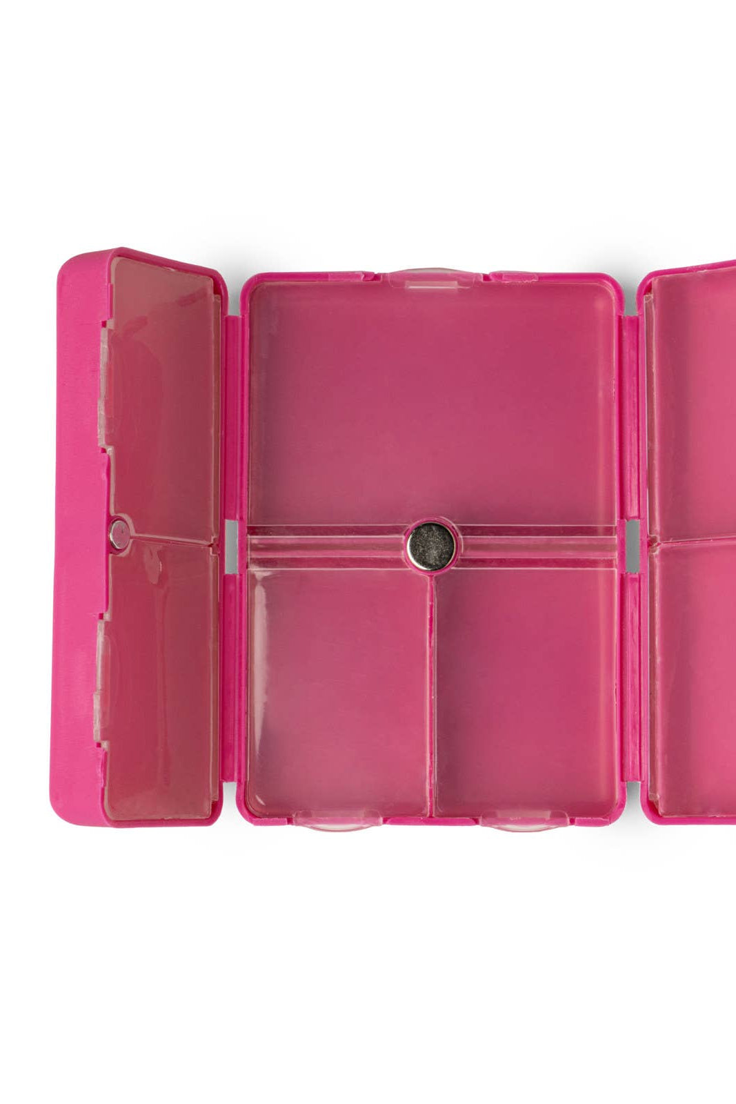 Pink transparent plastic case with compartments on a white background