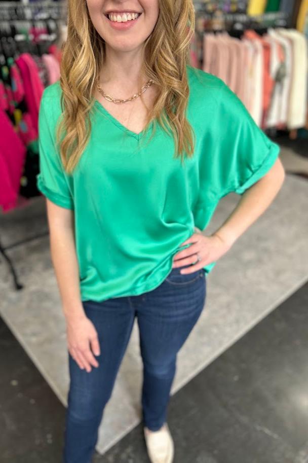 Drop Shoulder V-Neck Satin Top