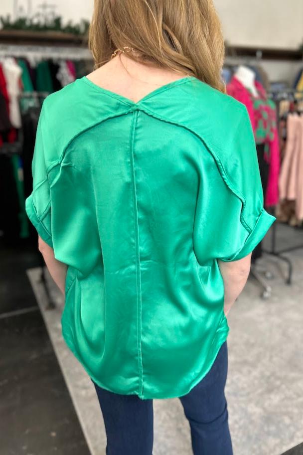 Drop Shoulder V-Neck Satin Top