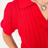 Collared red v neck short sleeve sweater. Knitted look. Regular fit.