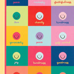 Notebook with colorful square design featuring smiley faces and virtues on a white background