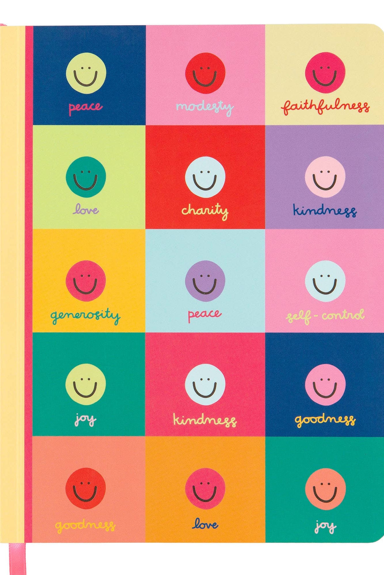 Notebook with colorful square design featuring smiley faces and virtues on a white background