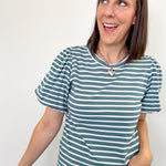 Crewneck tee with striped detailing. Slight puff sleeves. Regular fit. Seafoam and white in color.