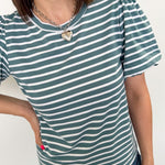Crewneck tee with striped detailing. Slight puff sleeves. Regular fit. Seafoam and white in color.