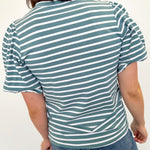 Crewneck tee with striped detailing. Slight puff sleeves. Regular fit. Seafoam and white in color.