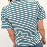 Crewneck tee with striped detailing. Slight puff sleeves. Regular fit. Seafoam and white in color.