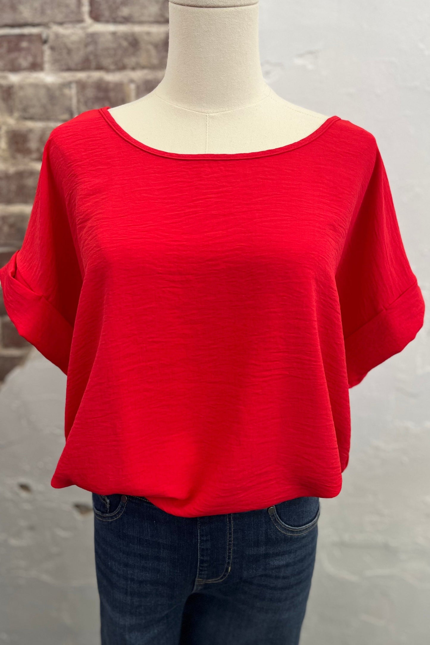 Crew Neck Roll Tab Sleeve Top