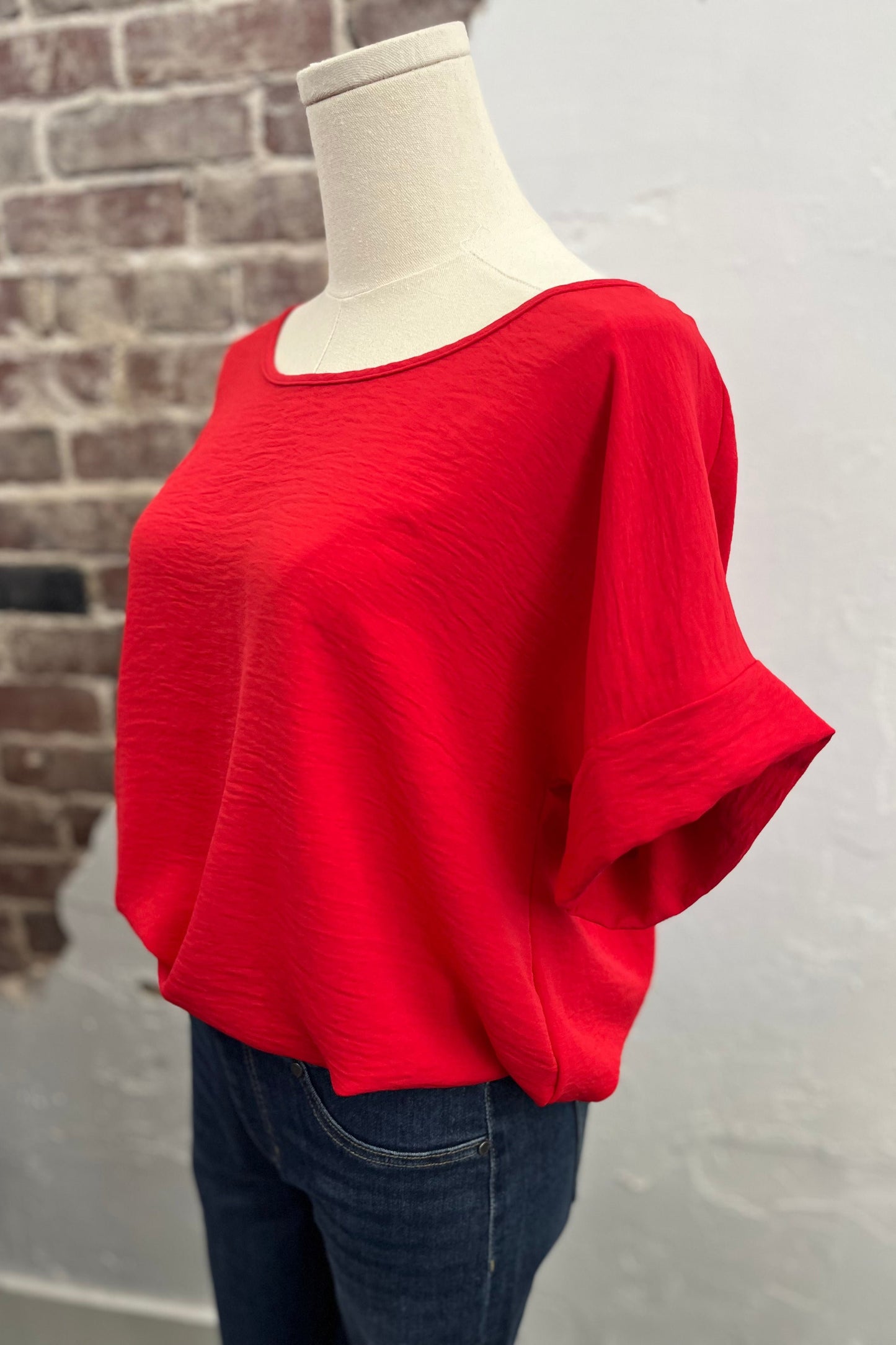 Crew Neck Roll Tab Sleeve Top