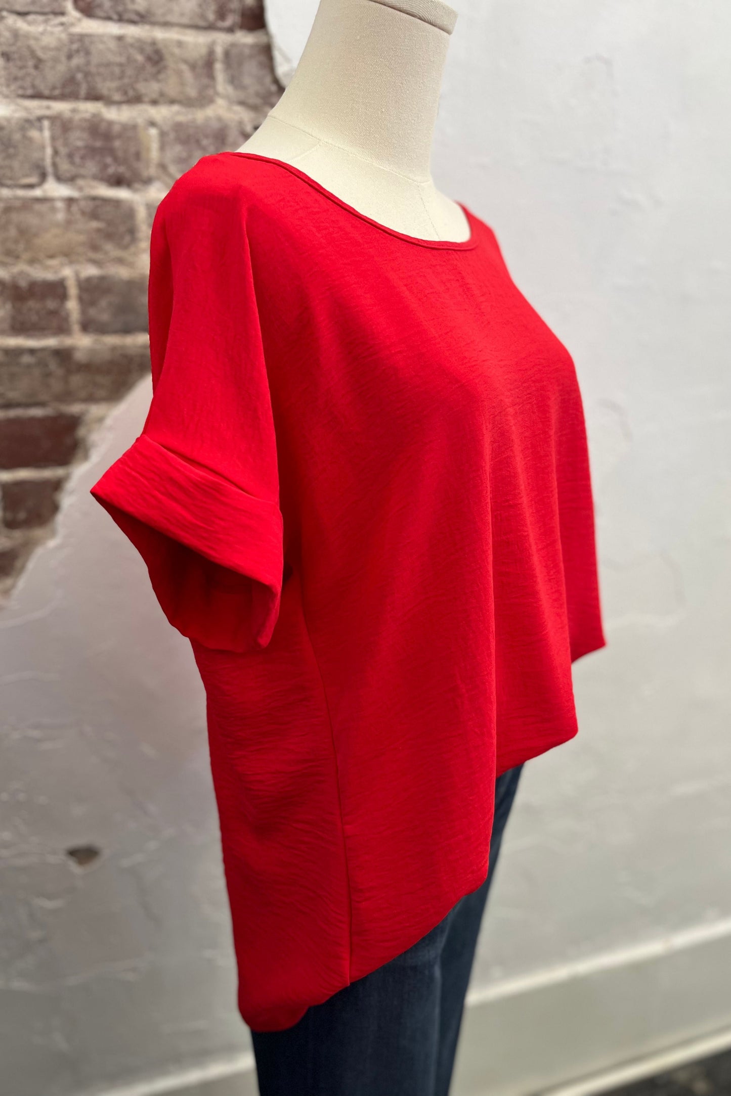 Crew Neck Roll Tab Sleeve Top