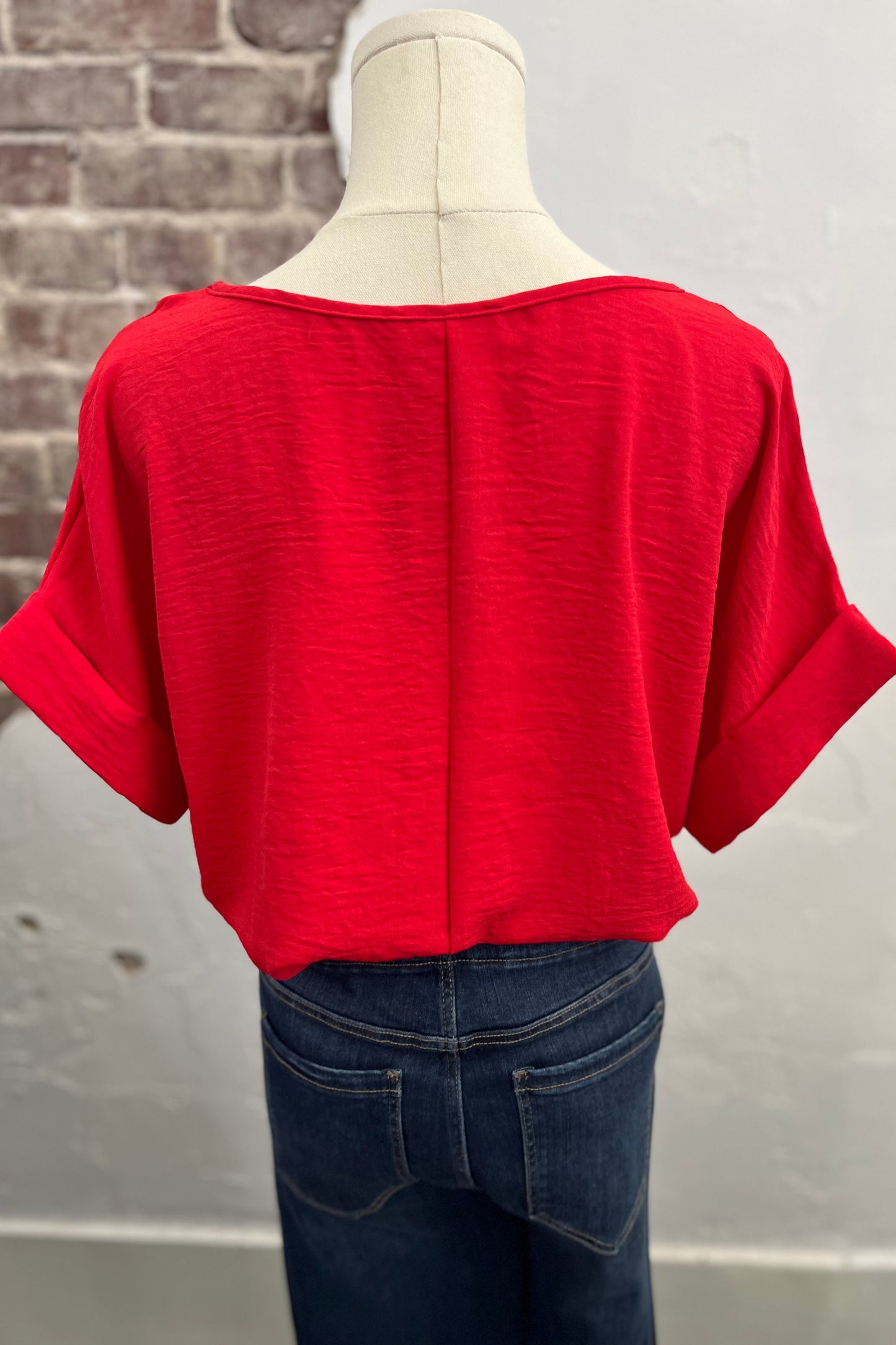 Crew Neck Roll Tab Sleeve Top