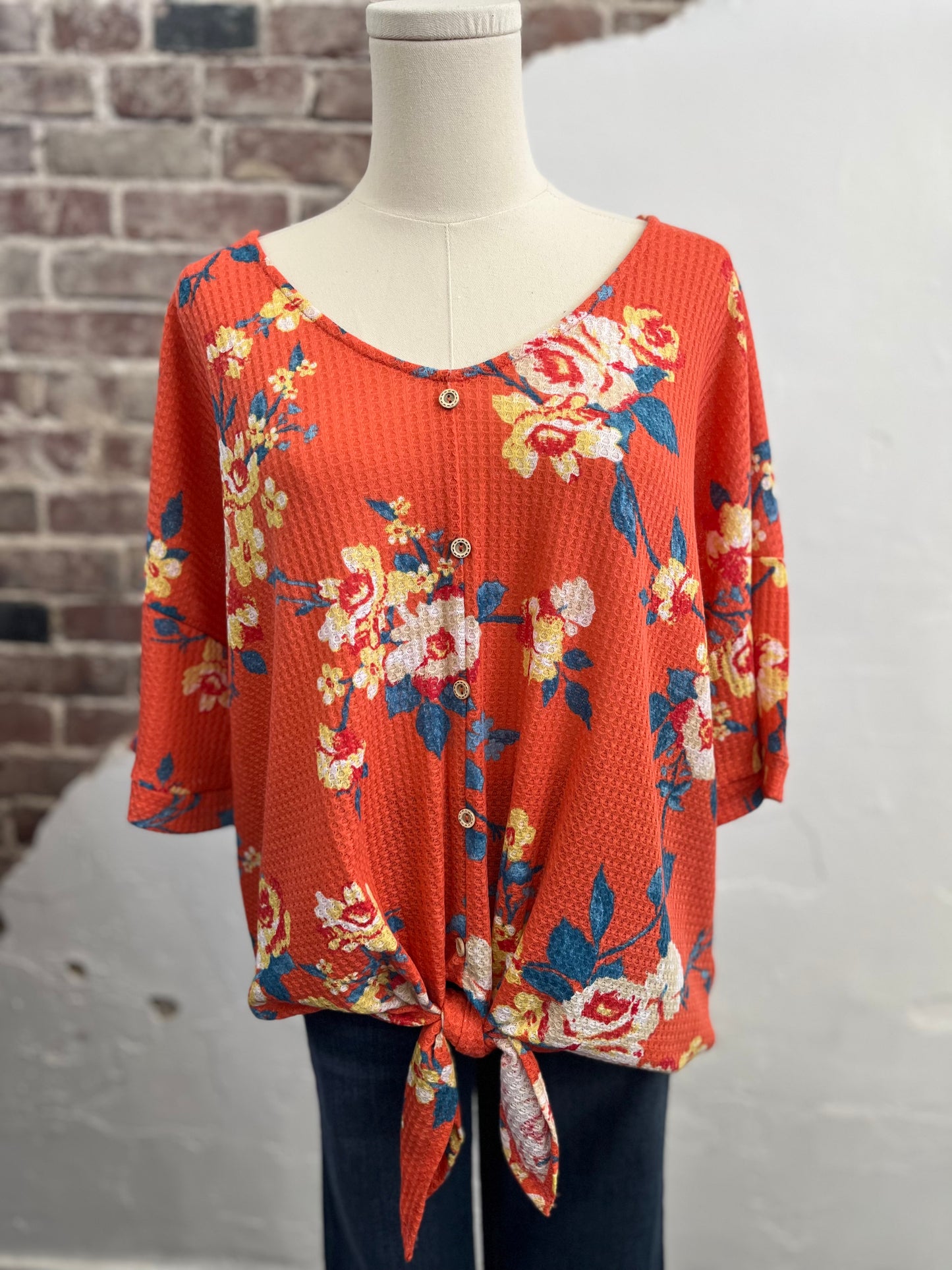 Waffle Floral Print Top