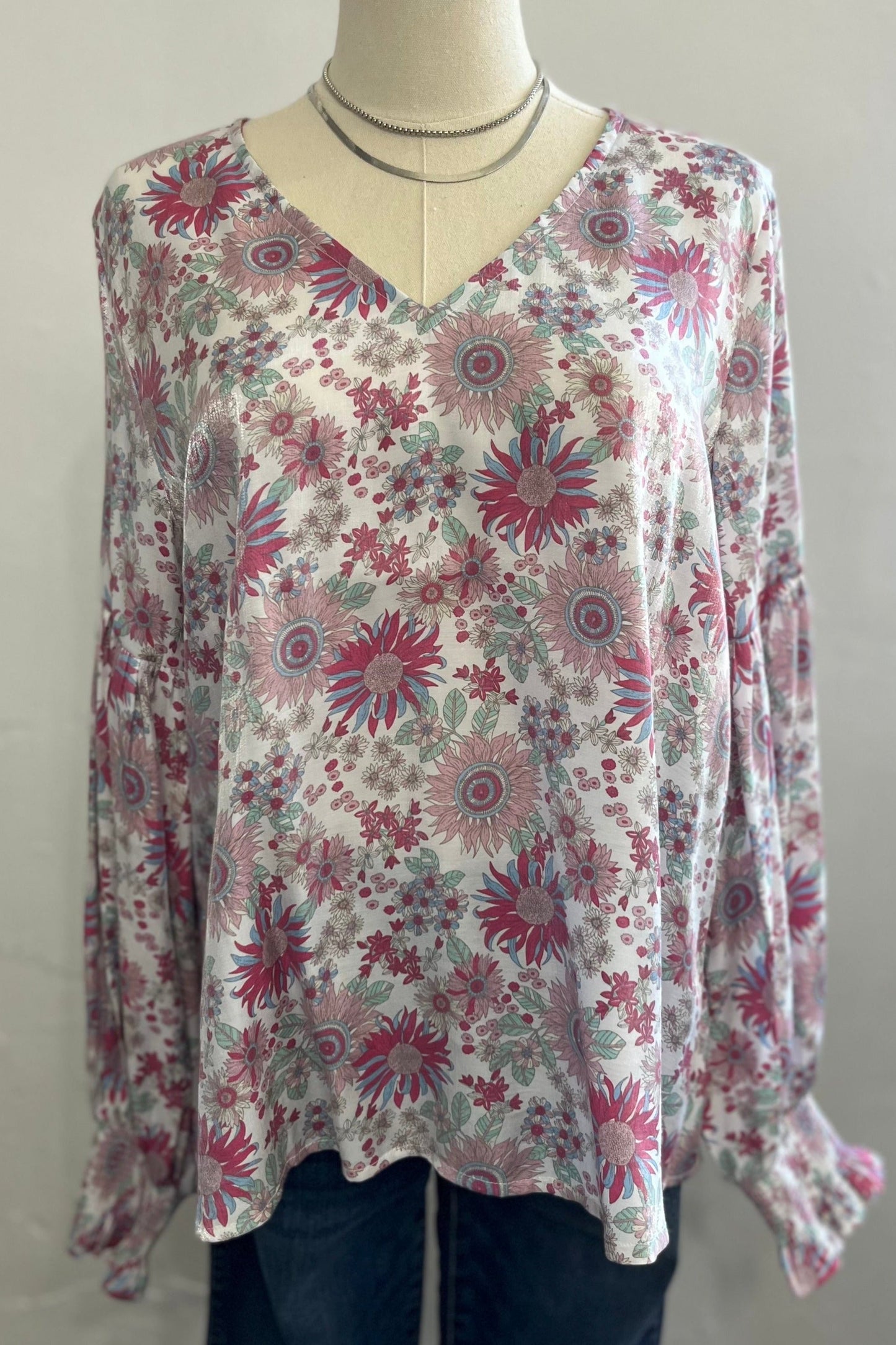 Satin Floral V-Neck Long Sleeve Top