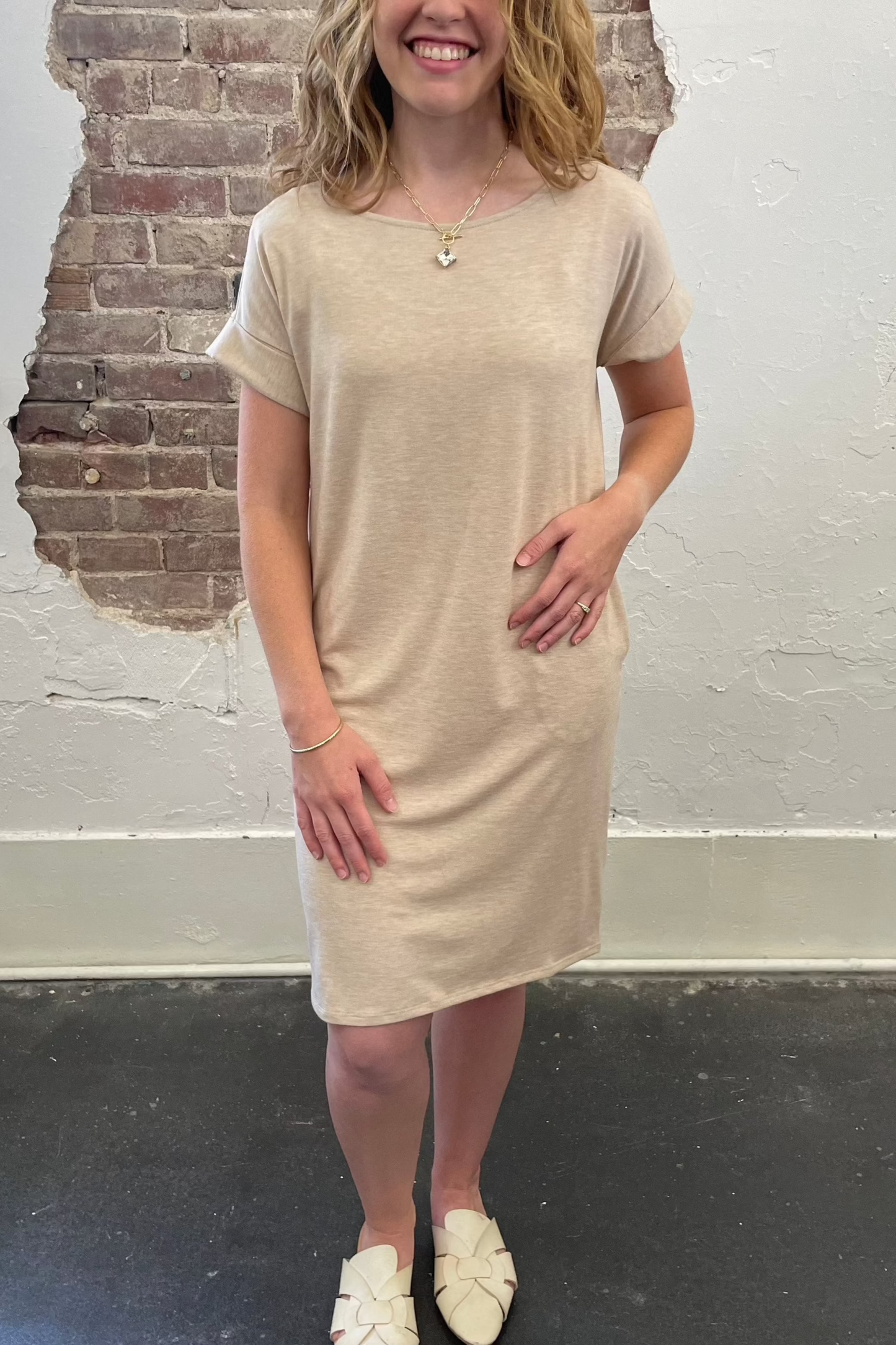 Rolled Short Sleeve Round Neck Dress