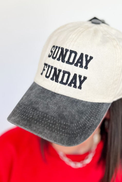 Photo of model wearing a ballcap with "Sunday Funday" embroidered 