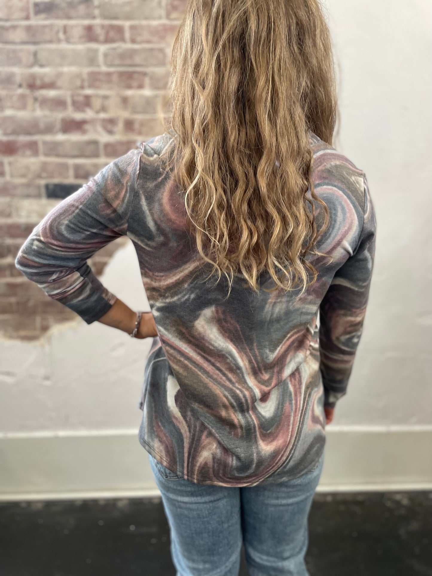 Marble Print Split Neck Top