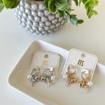 Pair of earrings on cards with a decorative plant in the background