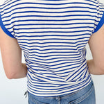 Blue and white striped top from the backside.
